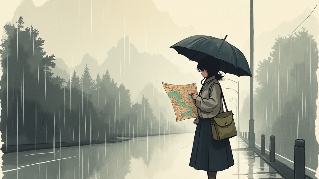 雨のバンクーバーで地図を眺める女性